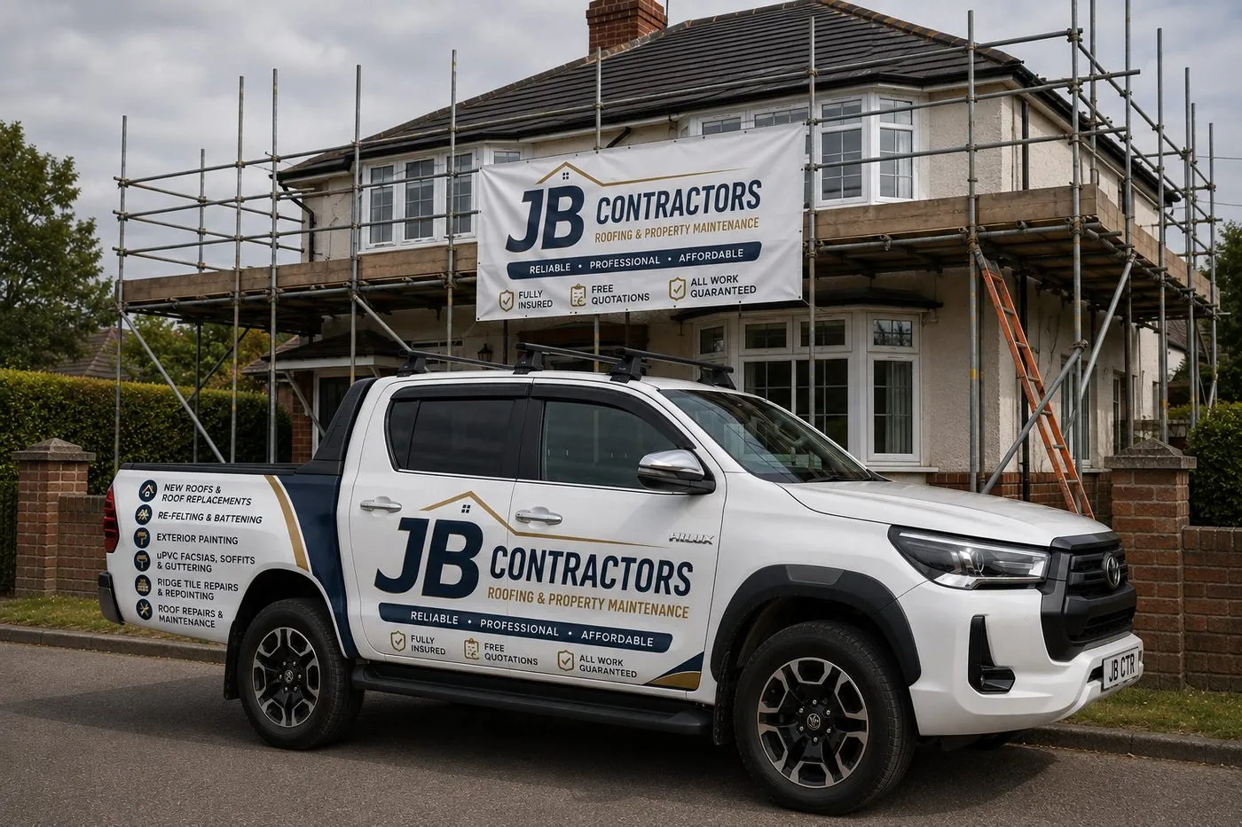 Boscastle Roofing pickup truck on site at a scaffolded roofing job in Boscastle