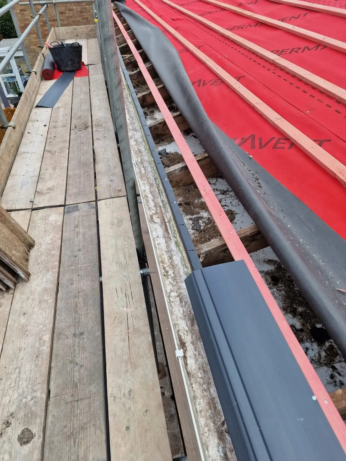 Breathable membrane and battens fitted during a re-roof in Boscastle